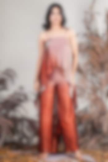 Brown Ombre Georgette Blend Hand Embroidered Co-Ord Set by Rirasa at Pernia's Pop Up Shop