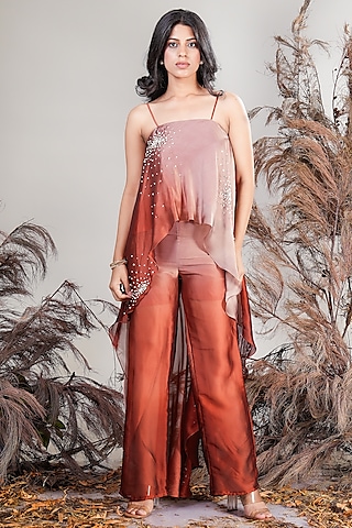 Brown Ombre Georgette Blend Hand Embroidered Co-Ord Set by Rirasa