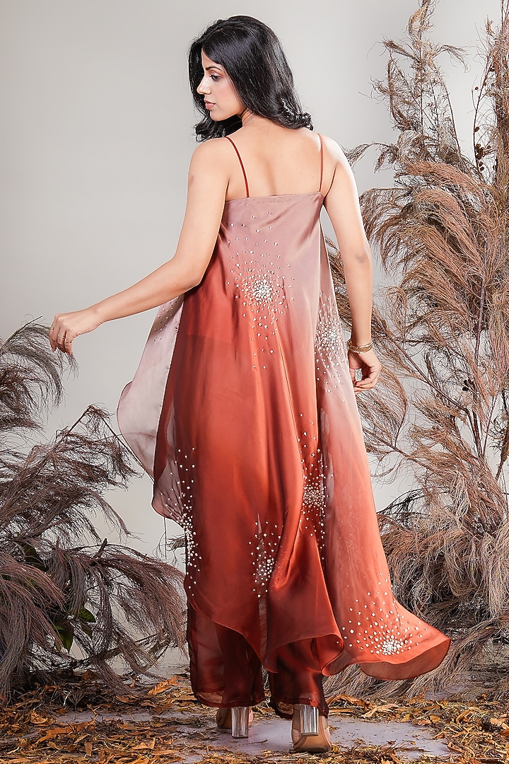 Brown Ombre Georgette Blend Hand Embroidered Co-Ord Set by Rirasa at Pernia's Pop Up Shop