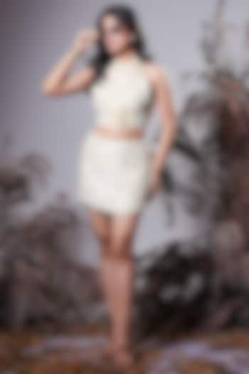 Ivory Tissue Shell Hand Embellished Skirt Set by Rirasa at Pernia's Pop Up Shop