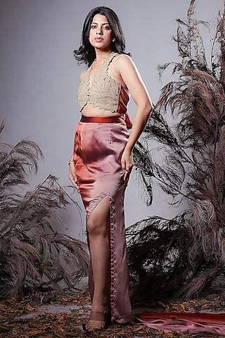 Brown Ombre Georgette Blend High-Waist Skirt Set by Rirasa