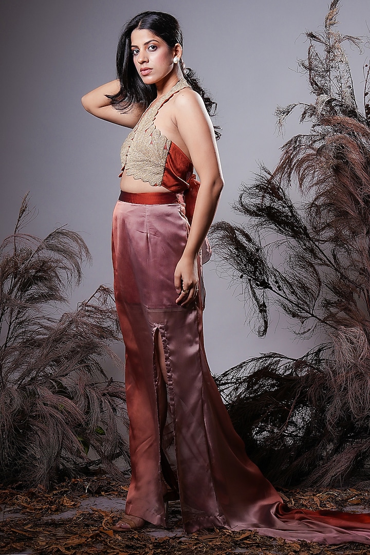 Brown Ombre Georgette Blend High-Waist Skirt Set by Rirasa at Pernia's Pop Up Shop