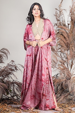 Coral Georgette Blend Pleated Skirt Set by Rirasa
