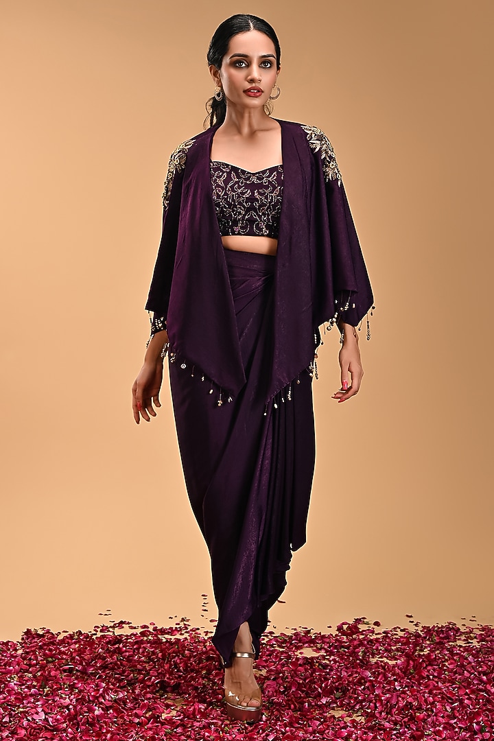 Purple Lurex Georgette Draped Skirt Set by Rirasa at Pernia's Pop Up Shop