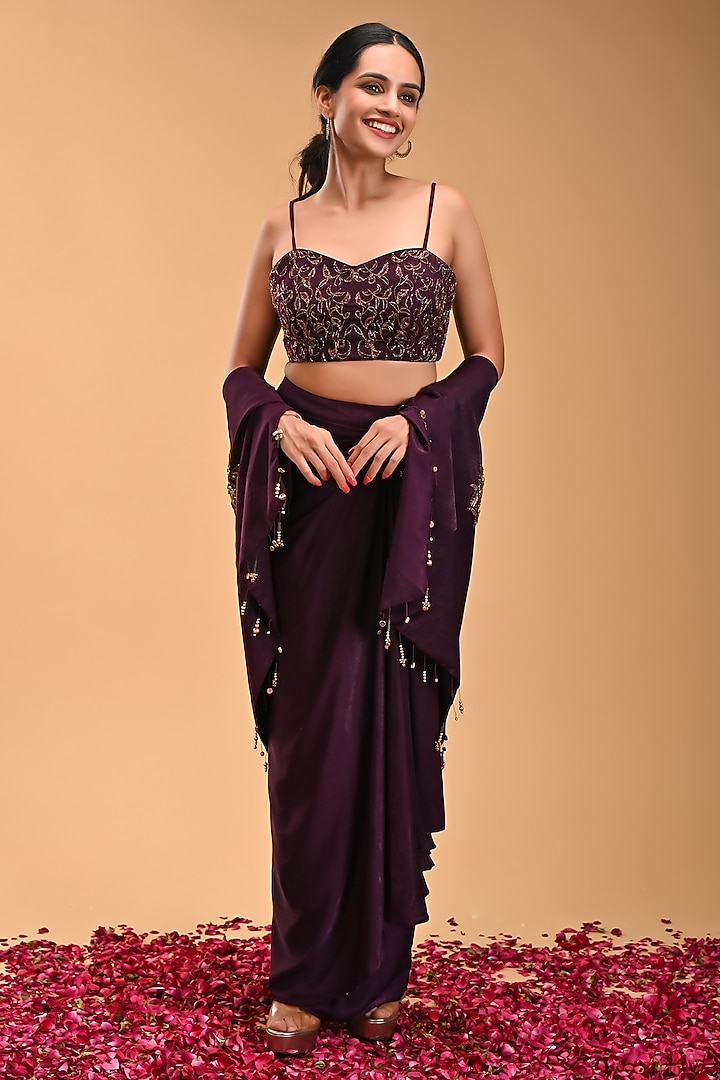 Purple Lurex Georgette Draped Skirt Set by Rirasa at Pernia's Pop Up Shop
