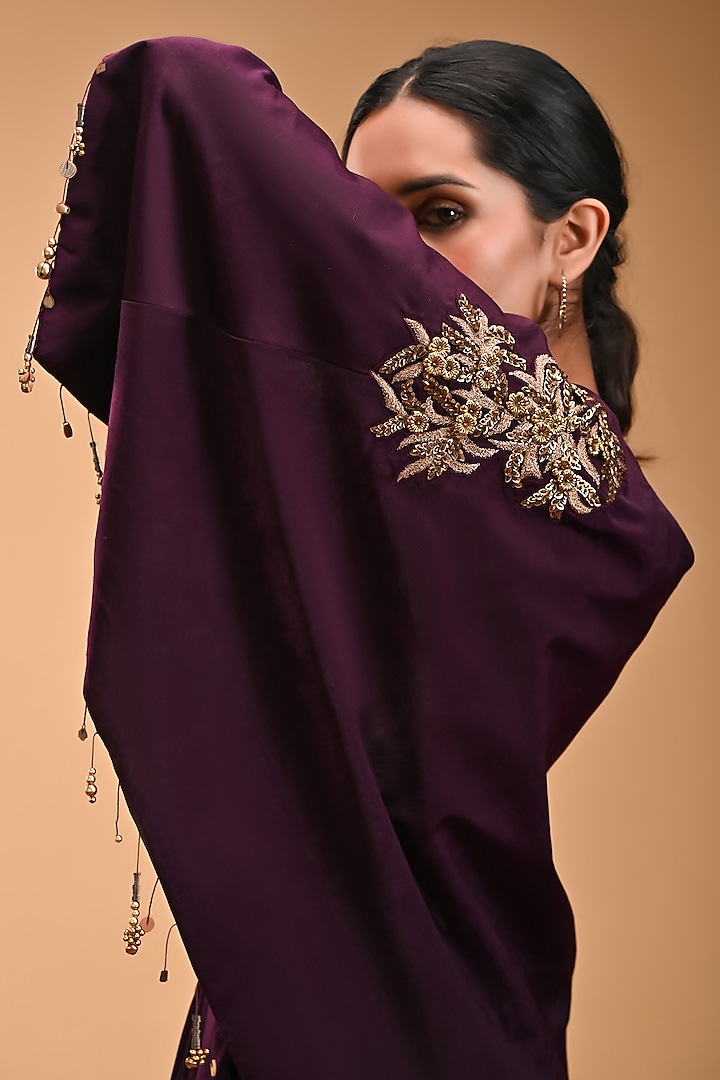 Purple Lurex Georgette Draped Skirt Set by Rirasa at Pernia's Pop Up Shop