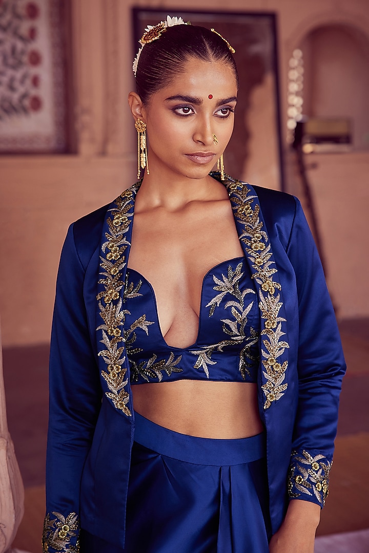 Blue Armani Satin Draped Skirt Set by Rirasa at Pernia's Pop Up Shop