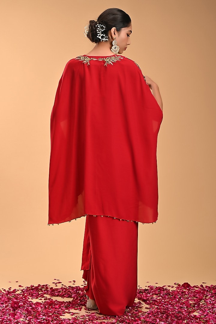 Red Marina Silk Draped Skirt Set by Rirasa at Pernia's Pop Up Shop