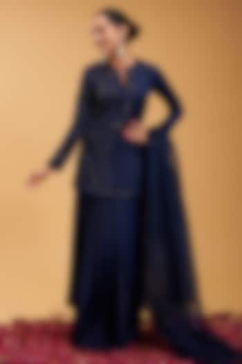 Blue Marina Silk Draped Skirt Party Wear Saree Set by Rirasa at Pernia's Pop Up Shop