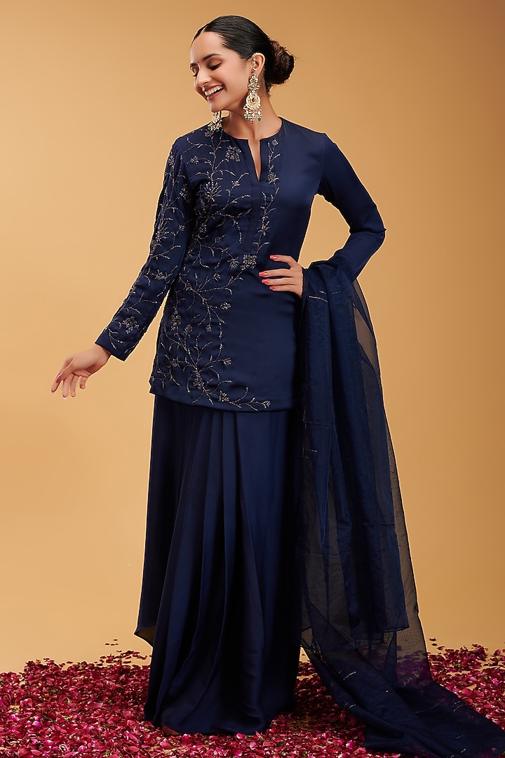 Blue Marina Silk Draped Skirt Party Wear Saree Set by Rirasa at Pernia's Pop Up Shop