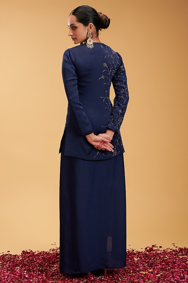 Blue Marina Silk Draped Skirt Party Wear Saree Set by Rirasa at Pernia's Pop Up Shop