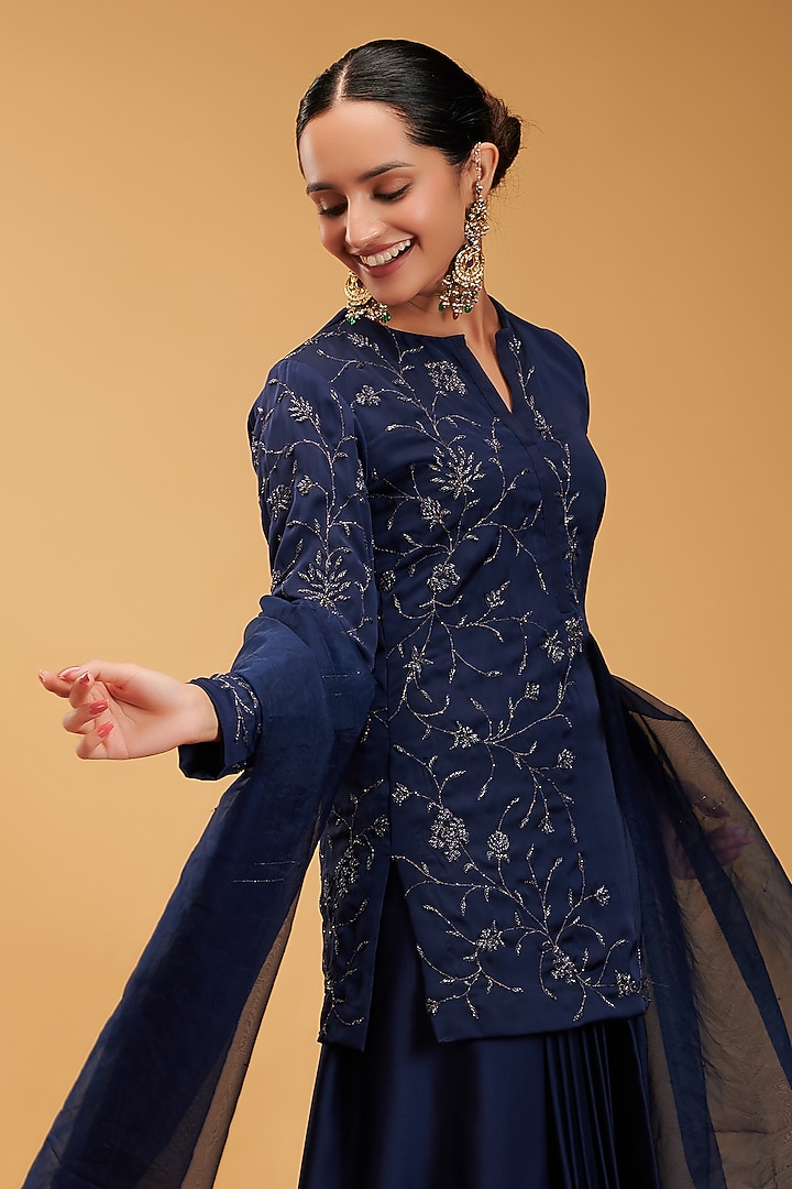 Blue Marina Silk Draped Skirt Party Wear Saree Set by Rirasa at Pernia's Pop Up Shop
