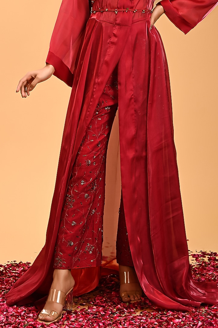 Red Organza & Raw Silk Cape Set by Rirasa at Pernia's Pop Up Shop
