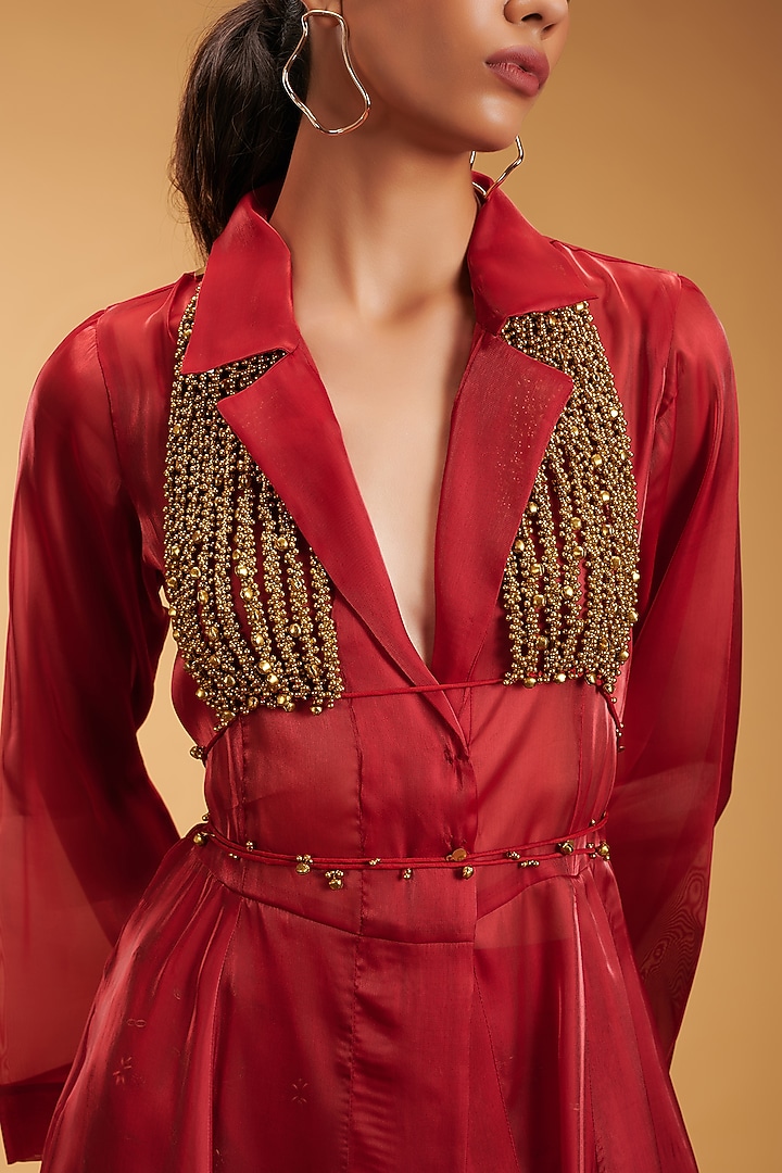 Red Organza & Raw Silk Cape Set by Rirasa at Pernia's Pop Up Shop