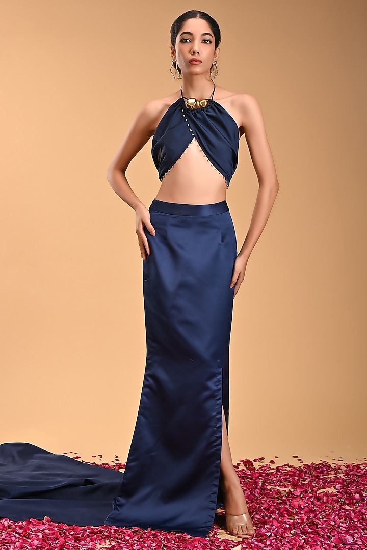 Blue Armani Satin Skirt Set by Rirasa at Pernia's Pop Up Shop