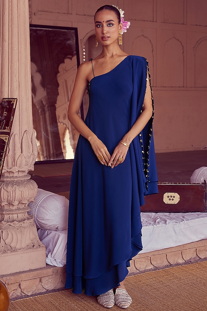 Blue Crepe One-Shoulder Draped Dress by Rirasa at Pernia's Pop Up Shop