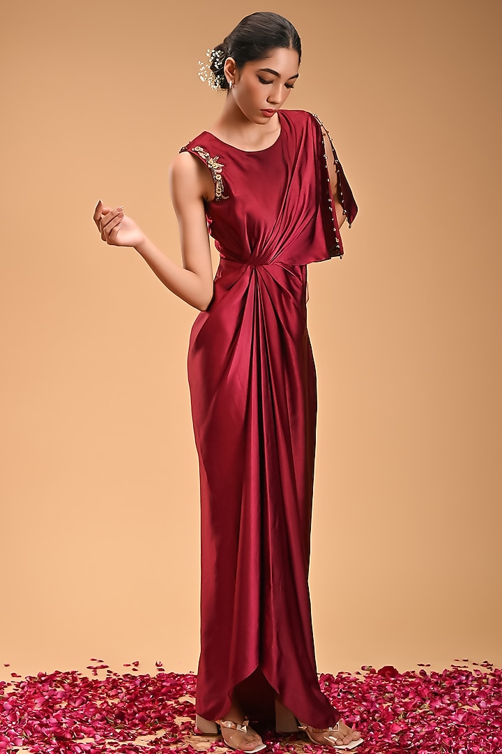 Maroon Milano Satin Embroidered Draped Dress by Rirasa at Pernia's Pop Up Shop