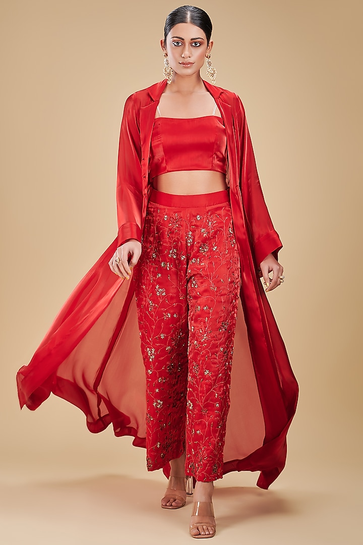 Red Raw Silk Embroidered Pant Set by Rirasa at Pernia's Pop Up Shop