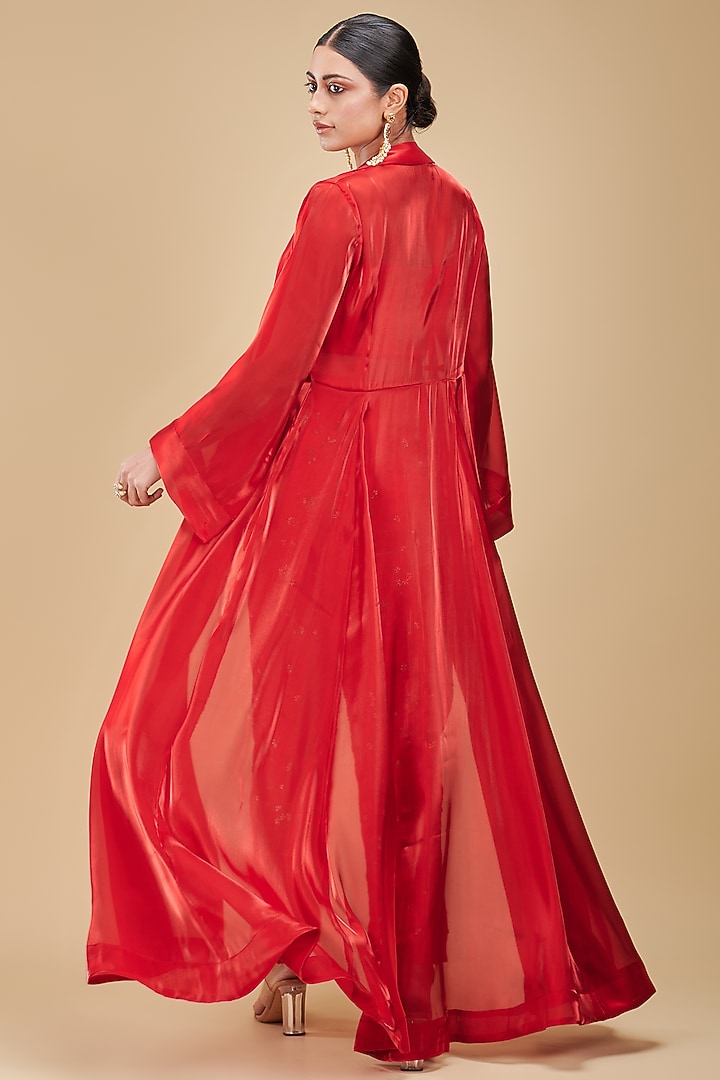 Red Raw Silk Embroidered Pant Set by Rirasa at Pernia's Pop Up Shop