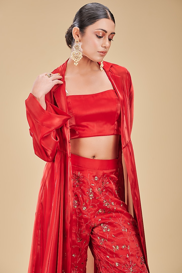 Red Raw Silk Embroidered Pant Set by Rirasa at Pernia's Pop Up Shop