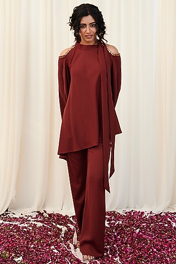 Maroon Crepe Co-Ord Set by Rirasa at Pernia's Pop Up Shop
