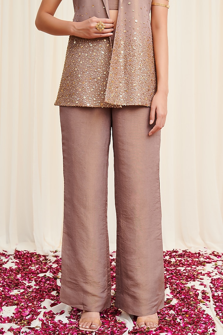 Beige Tissue Hand Embroidered Jacket Set by Rirasa at Pernia's Pop Up Shop