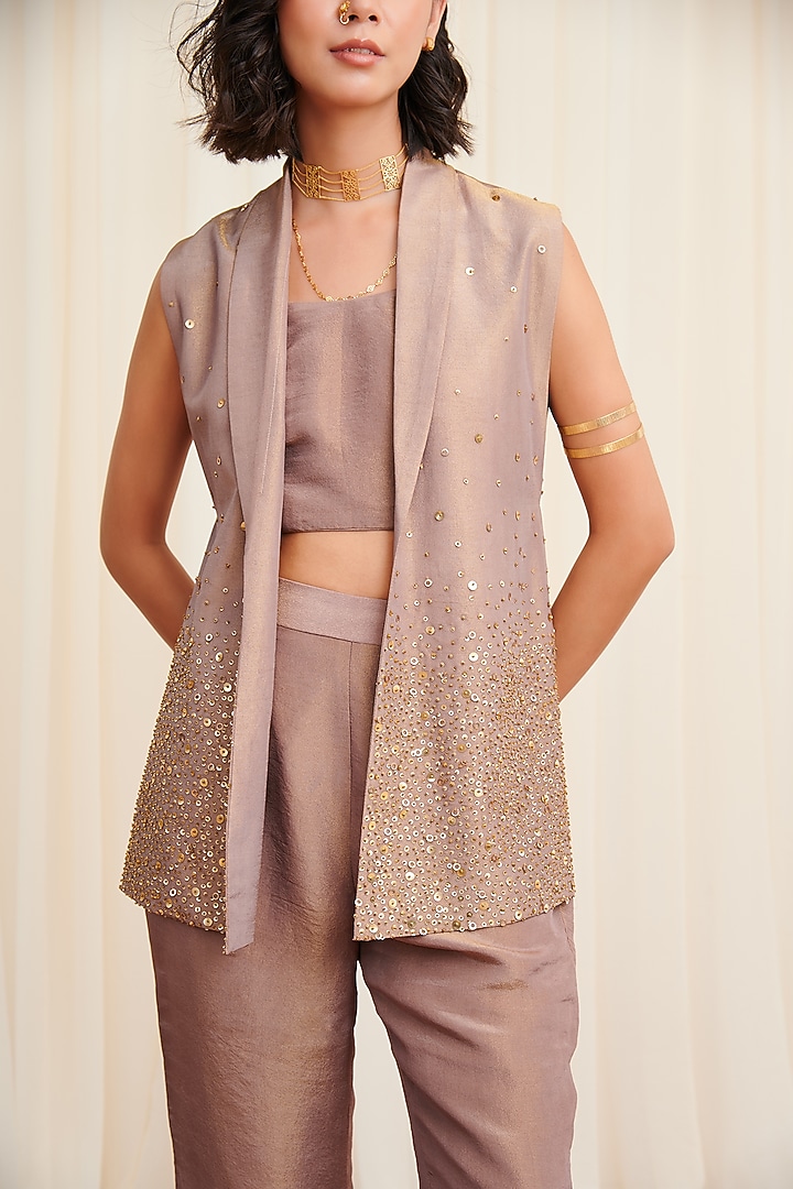 Beige Tissue Hand Embroidered Jacket Set by Rirasa at Pernia's Pop Up Shop