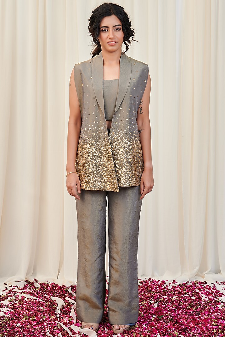 Grey Tissue Hand Embroidered Jacket Set by Rirasa at Pernia's Pop Up Shop