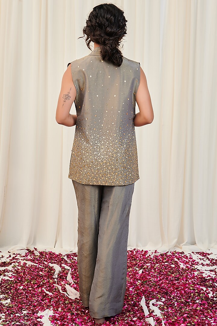 Grey Tissue Hand Embroidered Jacket Set by Rirasa at Pernia's Pop Up Shop