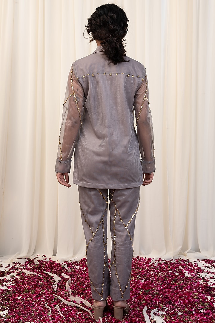 Silver Organza Hand Embroidered Co-Ord Set by Rirasa at Pernia's Pop Up Shop