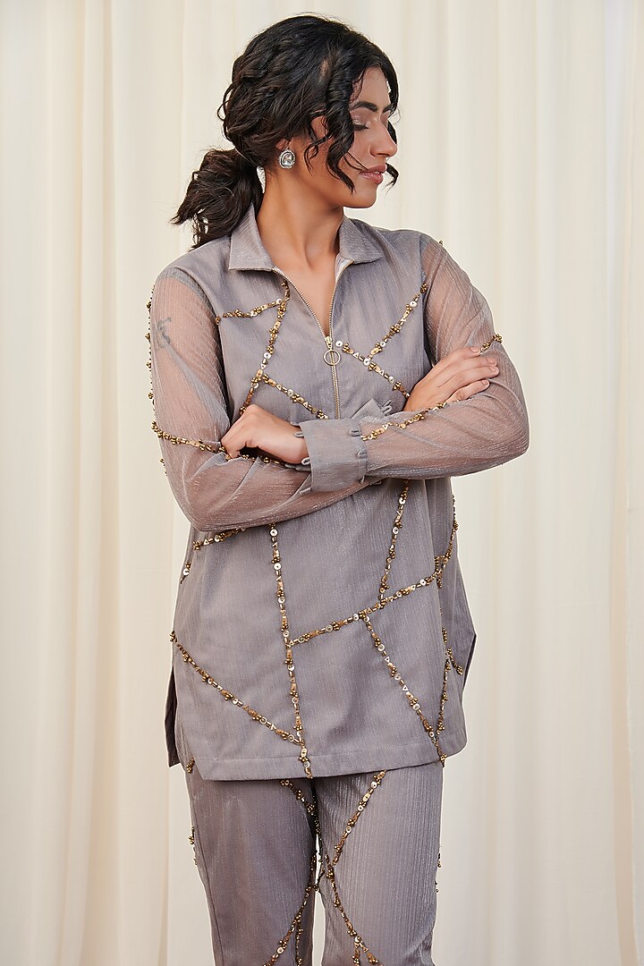 Silver Organza Hand Embroidered Co-Ord Set by Rirasa at Pernia's Pop Up Shop