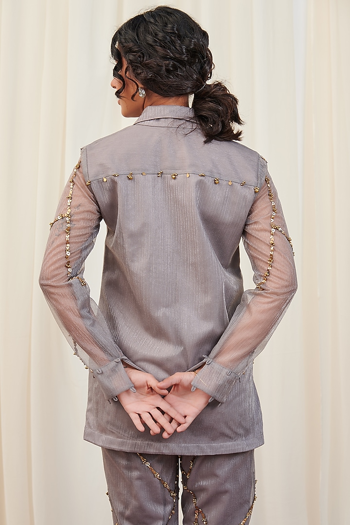 Silver Organza Hand Embroidered Co-Ord Set by Rirasa at Pernia's Pop Up Shop