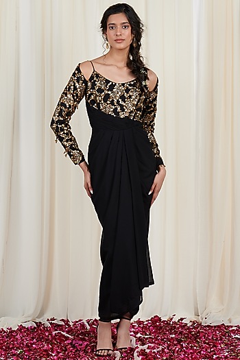 Black Georgette Embroidered Vacation Dress by Rirasa at Pernia's Pop Up Shop