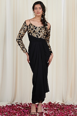 Black Georgette Embroidered Dress by Rirasa