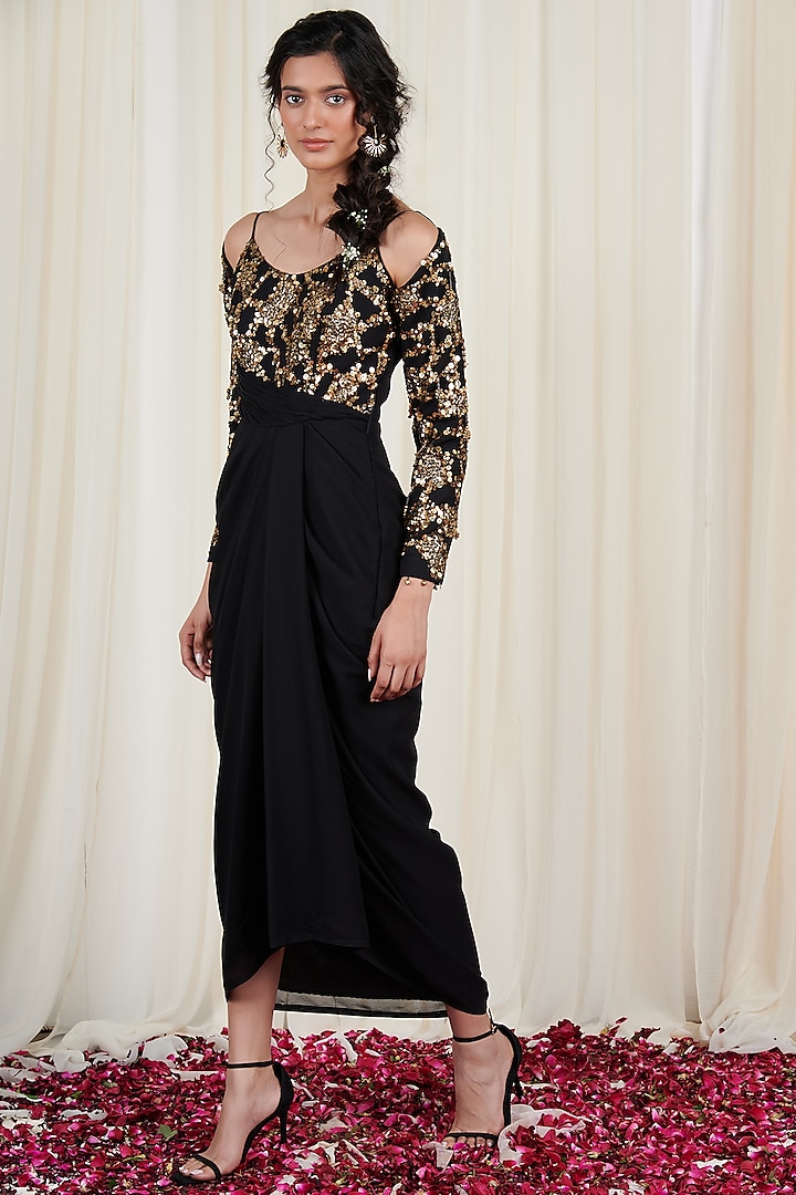 Black Georgette Embroidered Vacation Dress by Rirasa at Pernia's Pop Up Shop