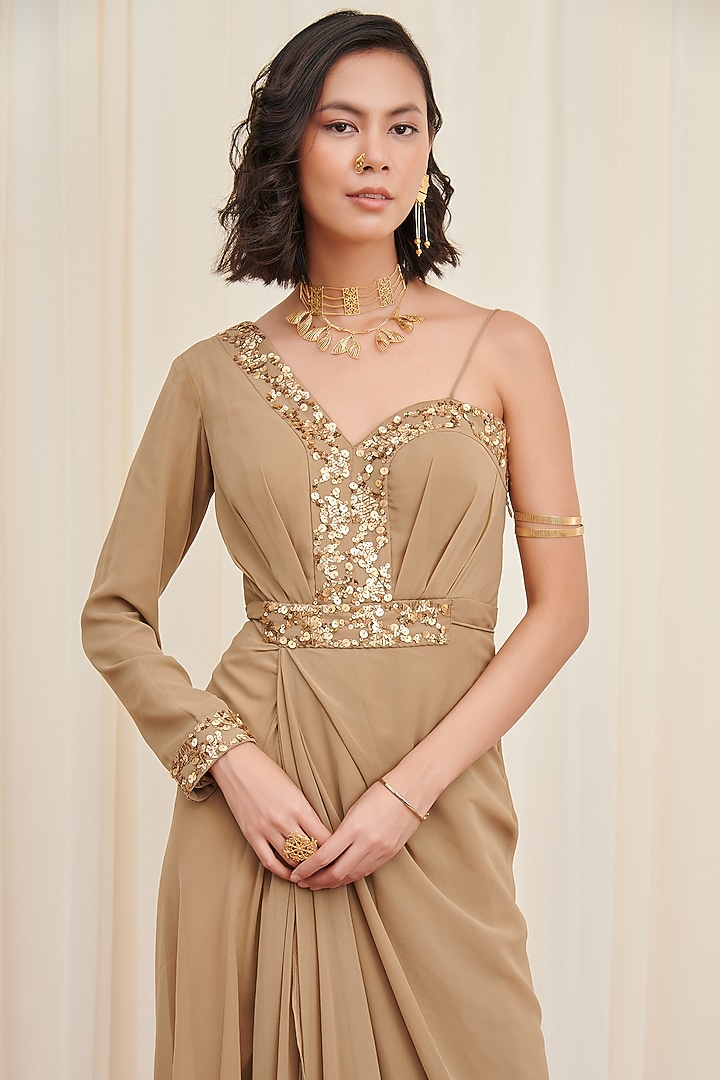 Beige Georgette Hand Embroidered Summer Dress by Rirasa at Pernia's Pop Up Shop