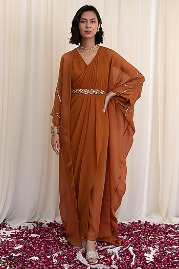 Orange Georgette Hand Embroidered Maxi Vacation Dress With Cape by Rirasa at Pernia's Pop Up Shop