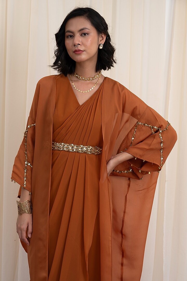Orange Georgette Hand Embroidered Maxi Vacation Dress With Cape by Rirasa at Pernia's Pop Up Shop