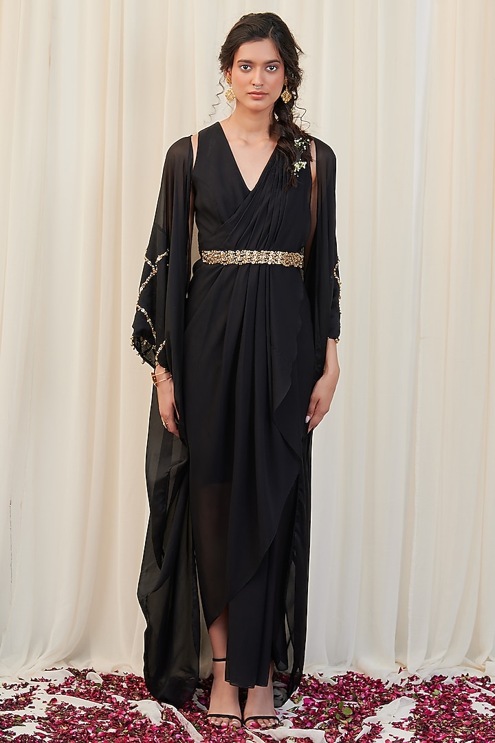 Black Georgette Hand Embroidered Maxi Dress With Cape by Rirasa at Pernia's Pop Up Shop