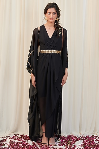 Black Georgette Hand Embroidered Maxi Dress With Cape by Rirasa