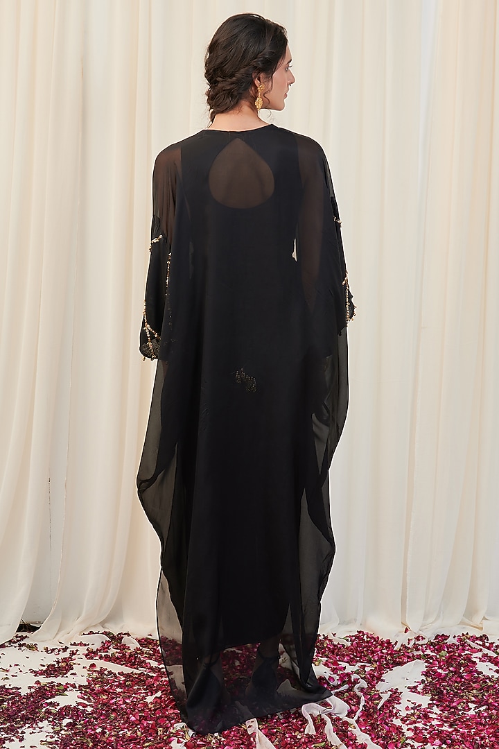 Black Georgette Hand Embroidered Maxi Vacation Dress With Cape by Rirasa at Pernia's Pop Up Shop