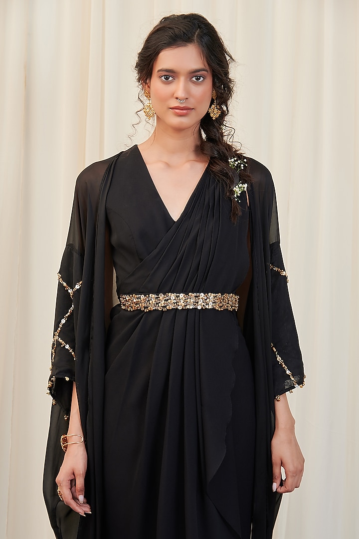 Black Georgette Hand Embroidered Maxi Vacation Dress With Cape by Rirasa at Pernia's Pop Up Shop
