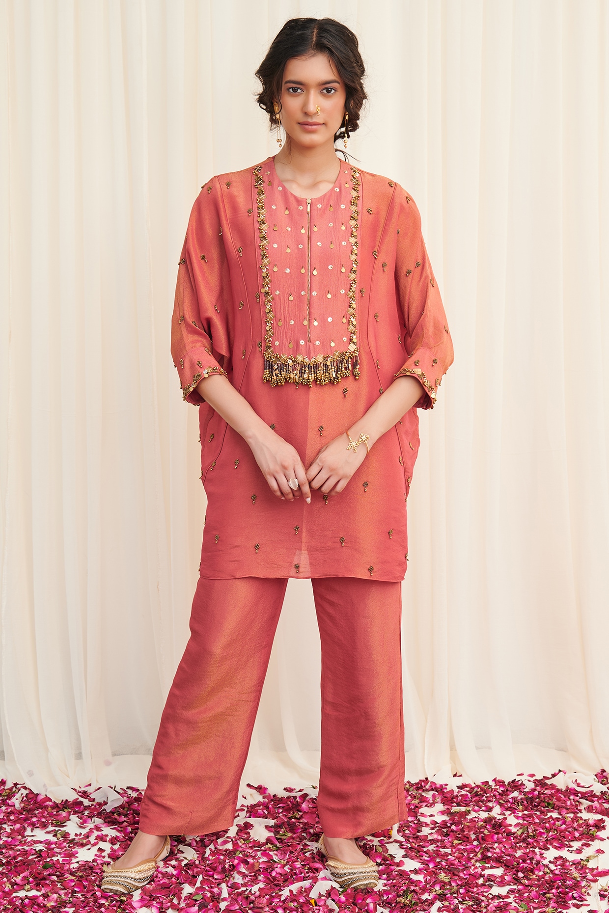 Pink Embellished Tissue Kurta Set With Pants