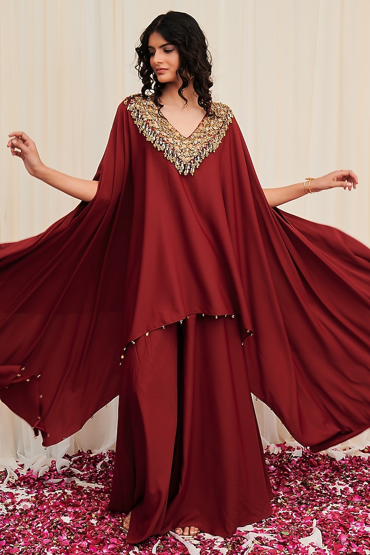 Maroon Crepe Sharara Set by Rirasa at Pernia's Pop Up Shop