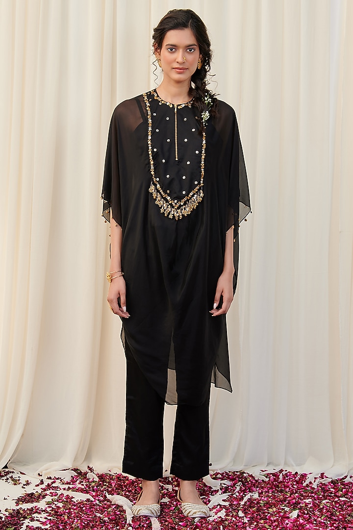 Black Silk Organza Hand Embroidered Kurta Set by Rirasa at Pernia's Pop Up Shop