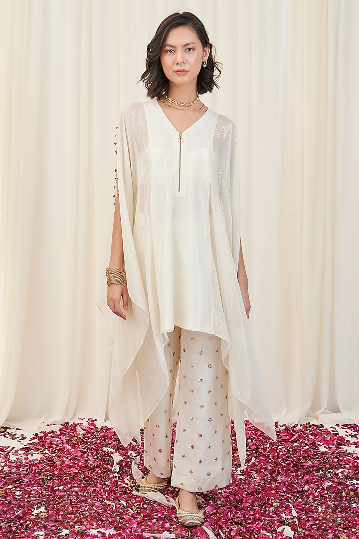 Ivory Lurex Georgette Hand Embroidered Kurta Set by Rirasa at Pernia's Pop Up Shop