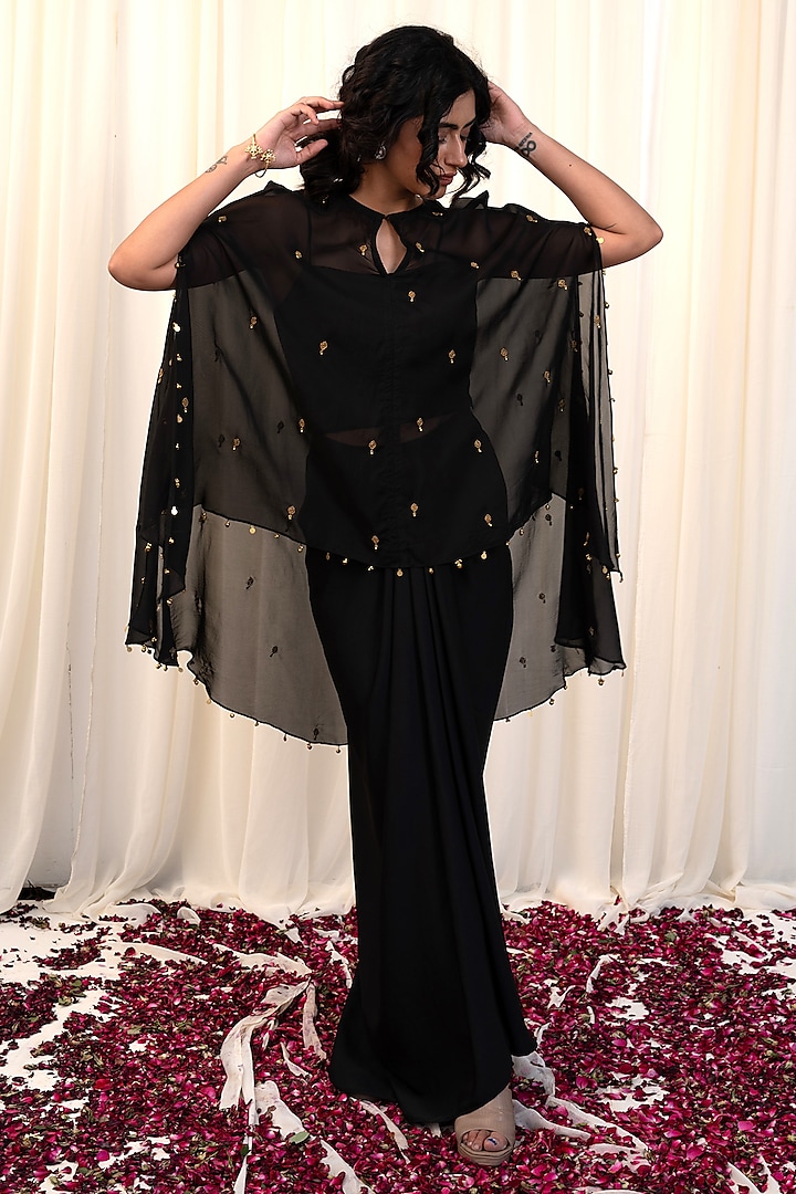 Black Organza & Crepe Hand Embroidered Cape Set by Rirasa at Pernia's Pop Up Shop