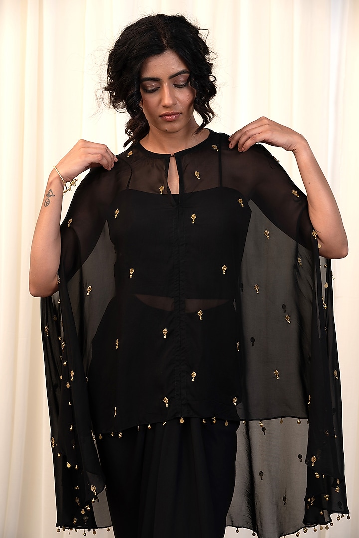Black Organza & Crepe Hand Embroidered Cape Set by Rirasa at Pernia's Pop Up Shop