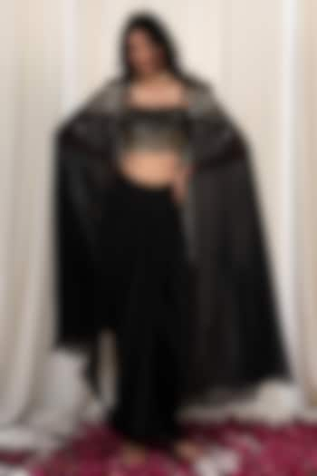 Black Organza & Crepe Hand Embroidered Cape Set by Rirasa at Pernia's Pop Up Shop