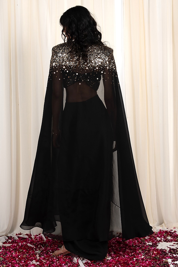 Black Organza & Crepe Hand Embroidered Cape Set by Rirasa at Pernia's Pop Up Shop